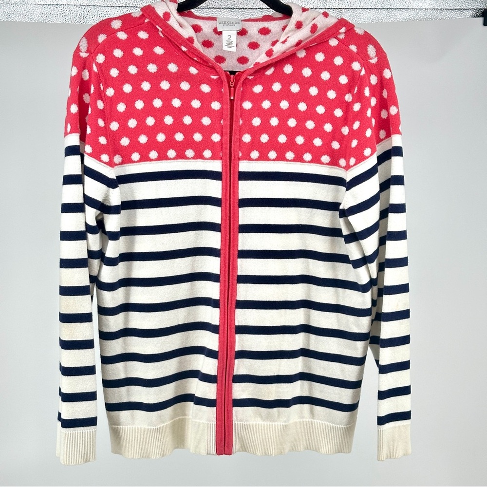 Women’s‎ Salmon Pink White Navy Chico’s Size 2 Sweater Hoodie Cardigan